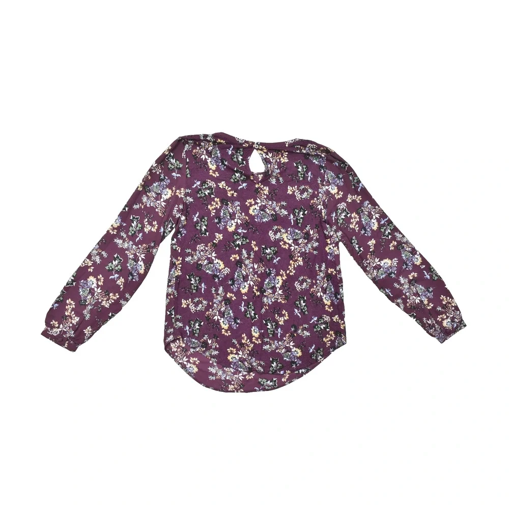 LOFT Women XS Purple Floral Long Sleeve Blouse Pleated Rayon Keyhole Back